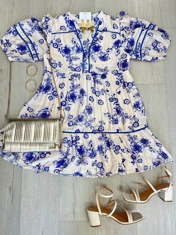 Caroline Floral SS Dress Blue