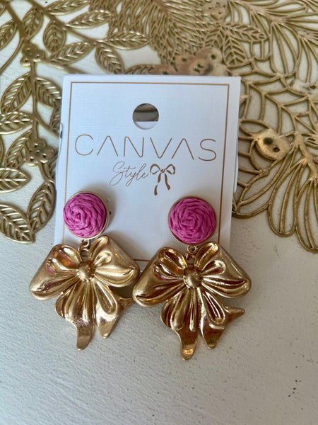 Aurora Rattan Bow Earrings Pink