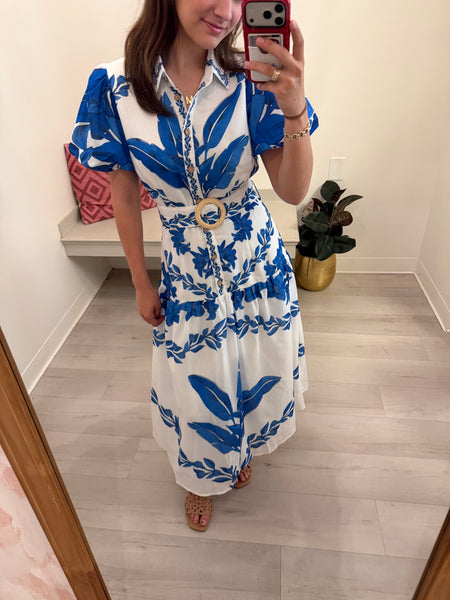 Belle Leaf Print Belted Midi Dress