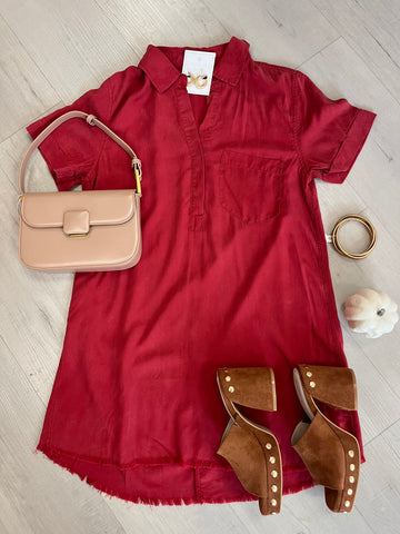 Washed Denim Shirt Dress Crimson