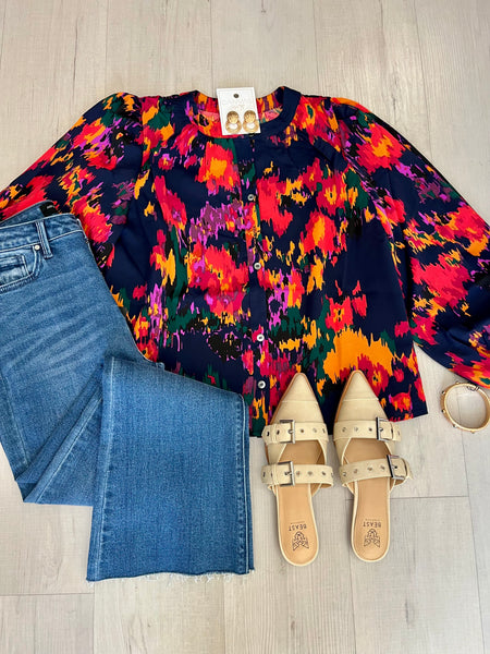 Multi Color Print Button Up Blouse