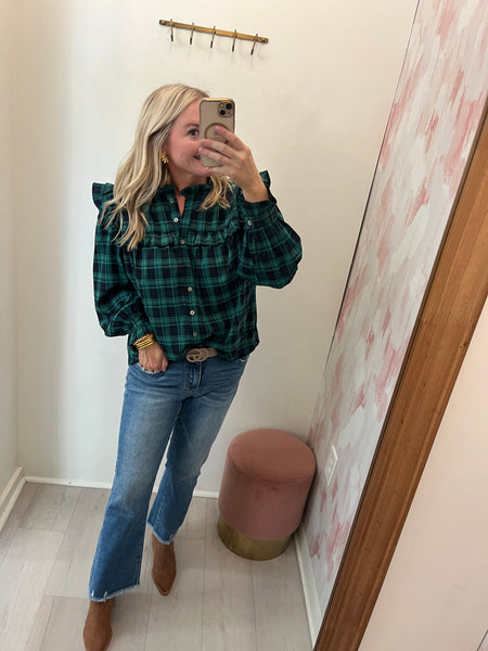 Ruffle Plaid Blouse Green