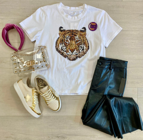 Sequin Tiger White Tee
