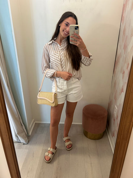 Beachy Striped Button Up Taupe