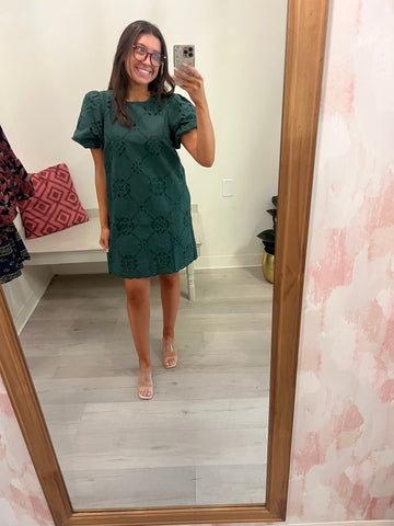 Kensie Eyelet Puff S/L Dress Grn