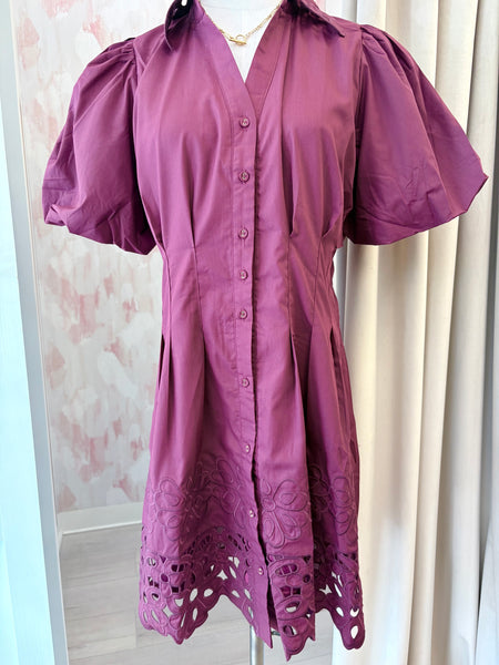 Eyelet Detail Button Up Dress Wine