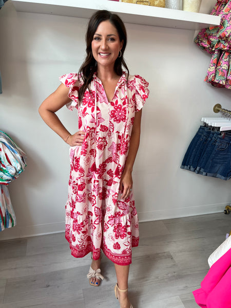 Red And Pink Floral Midi Dress