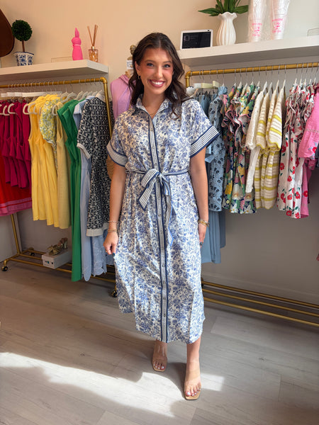 Drop Slv Floral Tie Waist Midi Bl