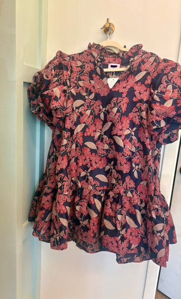 Botanical Print Puff Slv Dress Burgundy