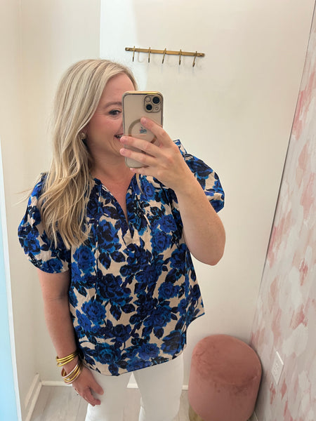 Brooke Puff Slv Blue Floral Top