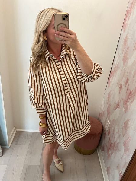 Lexy 3/4 Slv Striped Dress Toffee