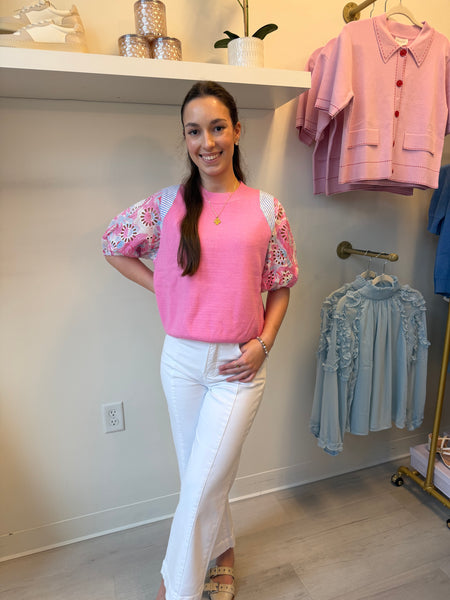 Abbie Eyelet SS Spring Top Pink