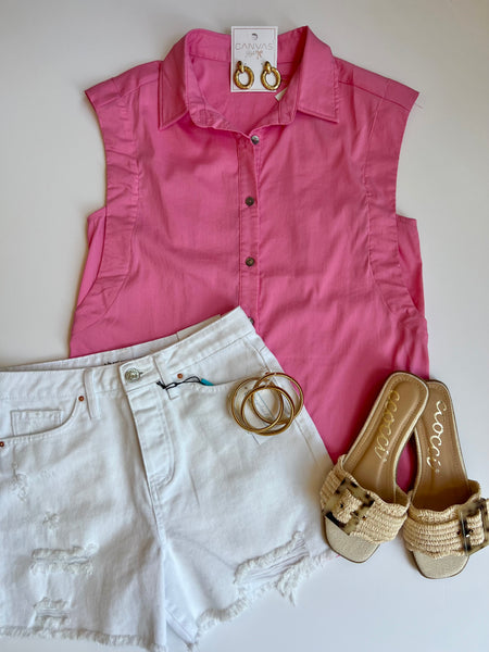 Sleevless Button Up Top Pink