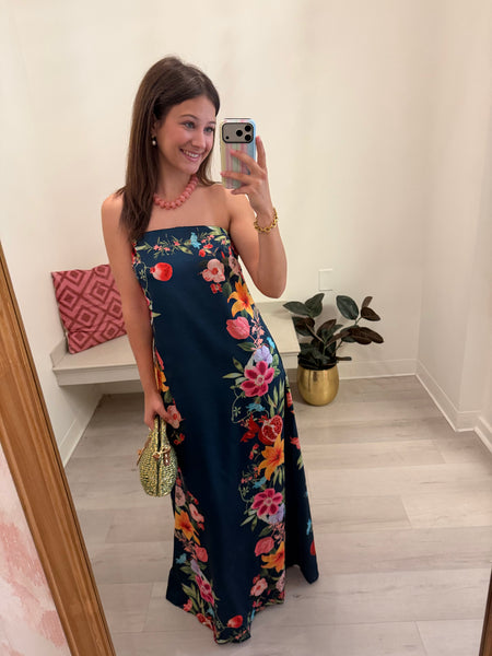 Botanical Strapless Dress Navy