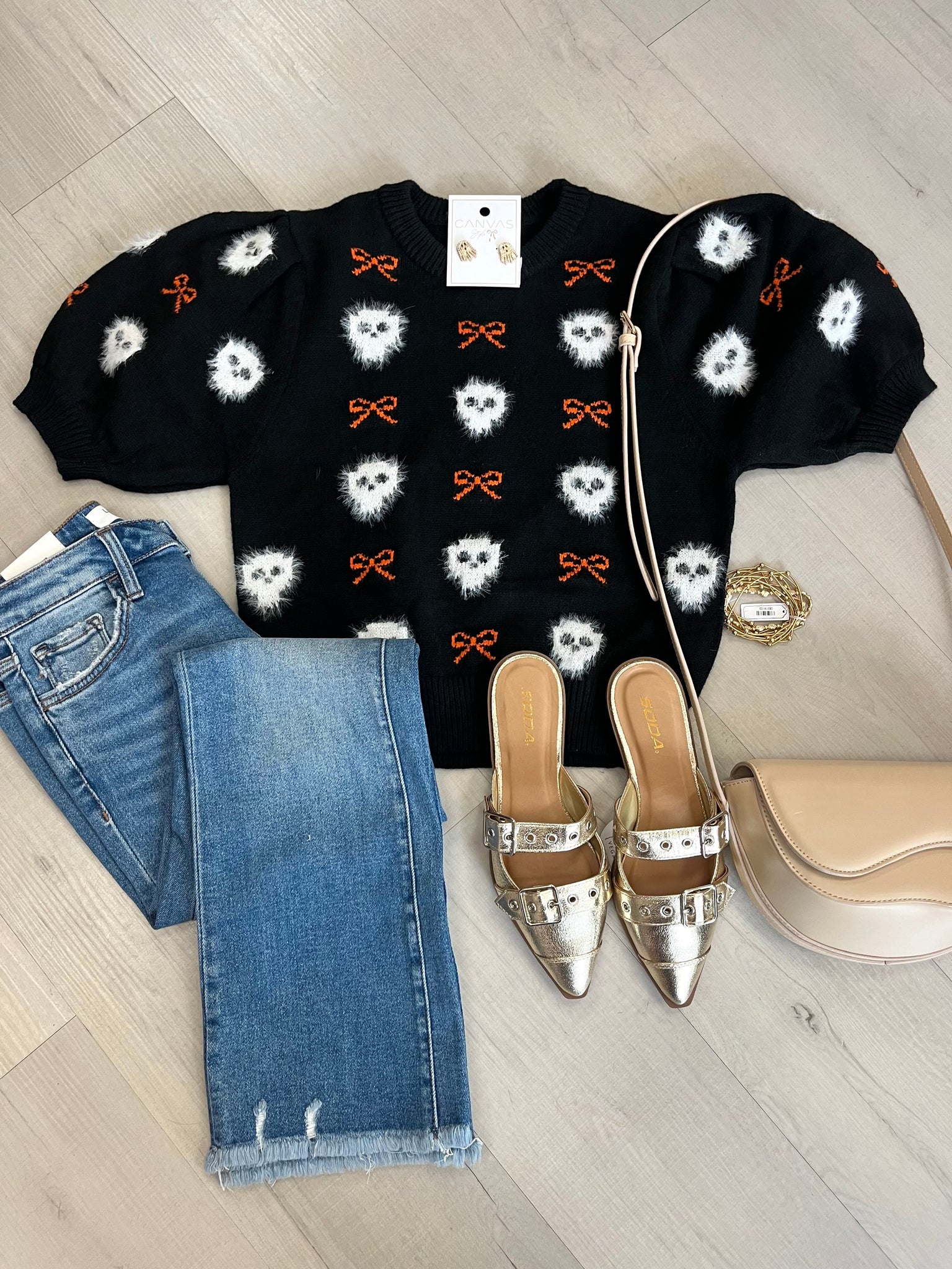 Fuzzy Skeleton Puff Slv Sweater