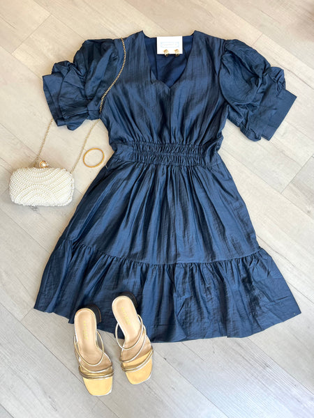 Alex Puff Slv VNeck Dress Navy