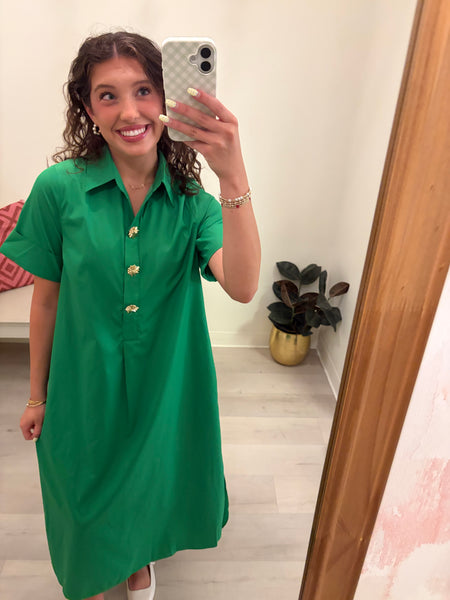 Gold Button Poplin Midi Dress Green