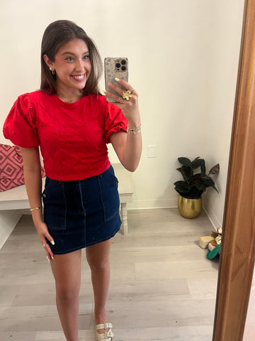Flower Embossed Puff Top Red
