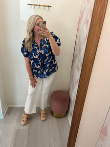 Brooke Puff Slv Blue Floral Top