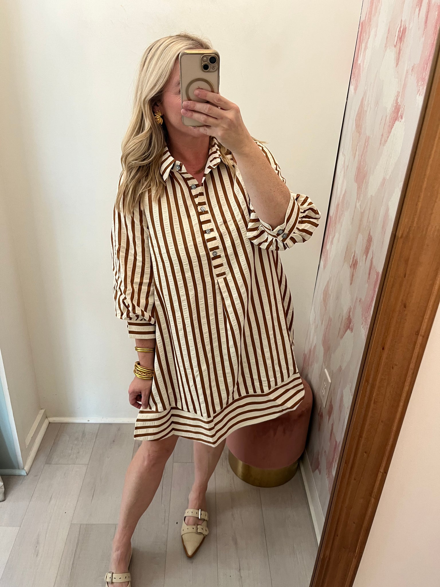 Lexy 3/4 Slv Striped Dress Toffee