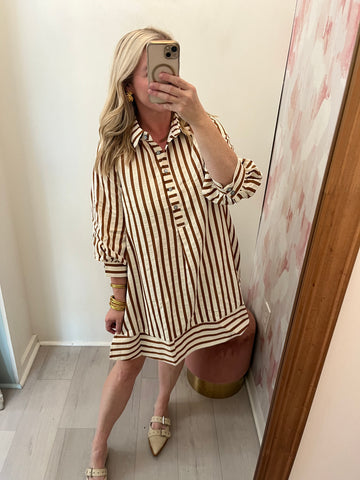 Lexy 3/4 Slv Striped Dress Toffee