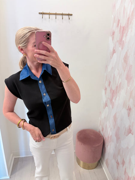 Lacey Button Up Denim Detail Blk