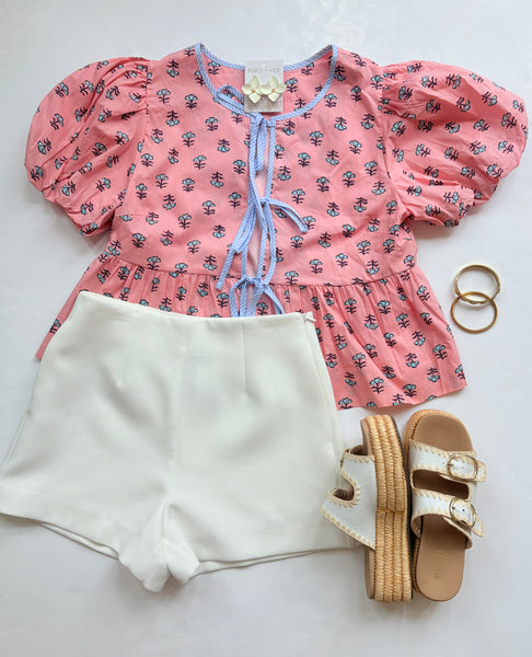 Floral Puff Slv Tie Detail Top