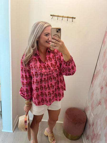 Kendra L/S Pink&Red Floral Top