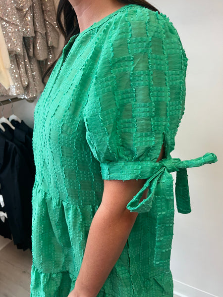 Tie Sleeve Tiered Dress -Green
