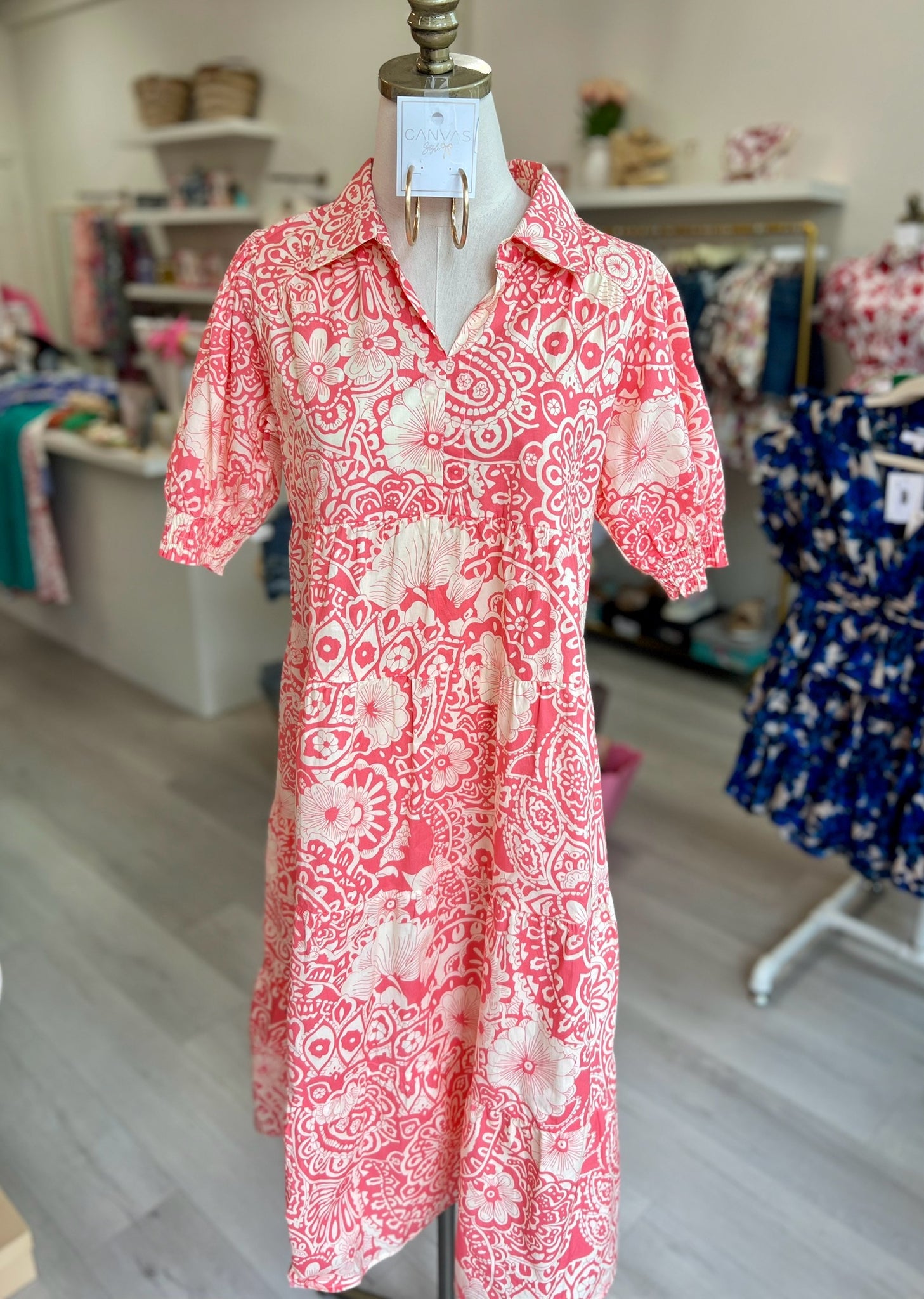 VNeck Paisley Print Dress -Coral