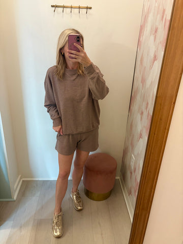 Textured LS Pullover Short Set Brn