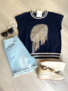 Sequin Football Tassle Top Navy