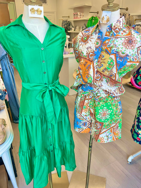 Grn w/ Envy Collared Cap Slv Midi