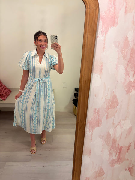 Lindi Puff Slv Tie Waist Midi Blue