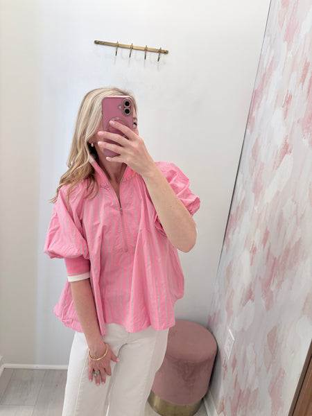 Striped Zip Up Banded Top Pink