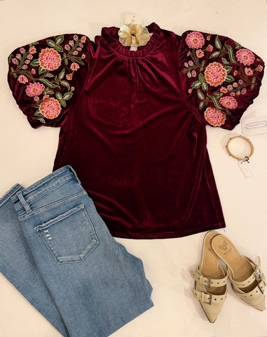 Merlot Fleur Embroidered Velvet Top