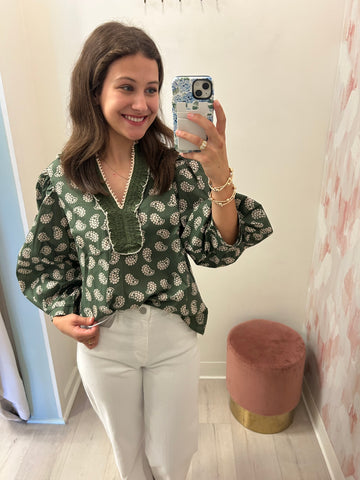 Olive Grn Paisley Print Top