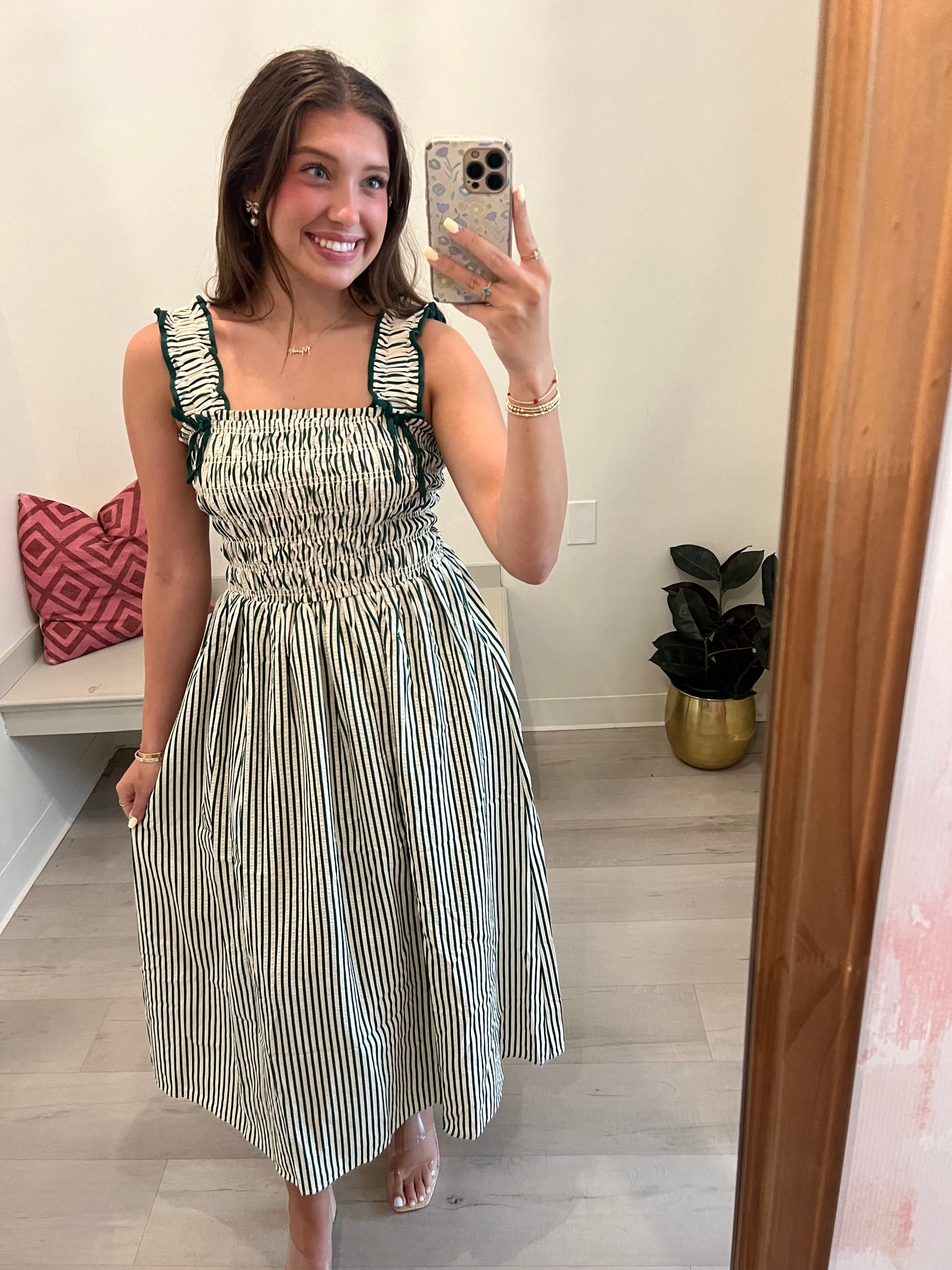 Striped Smocked Sleeveless Midi