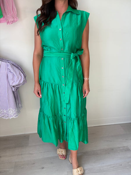 Grn w/ Envy Collared Cap Slv Midi