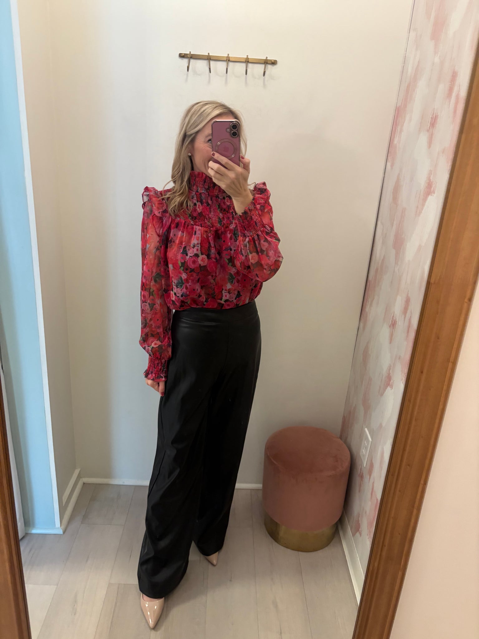 Floral Chiffon LS Blouse Pink