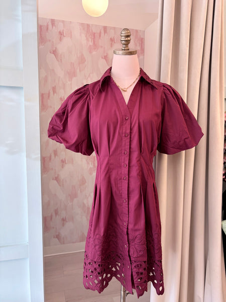 Eyelet Detail Button Up Dress Wine