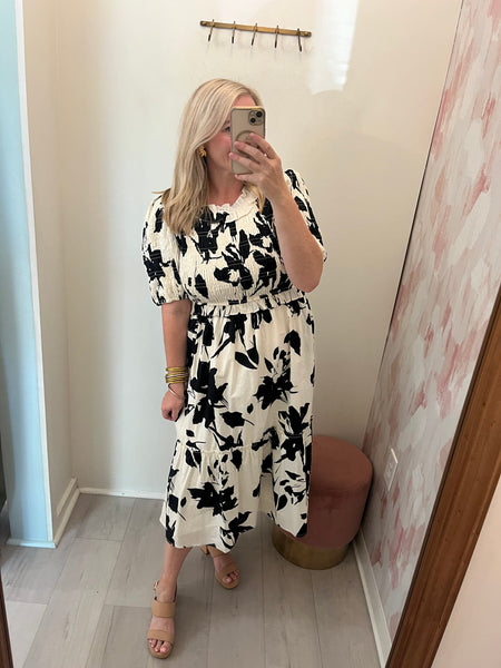 Lowen Smocked Floral Midi Blk/Wh