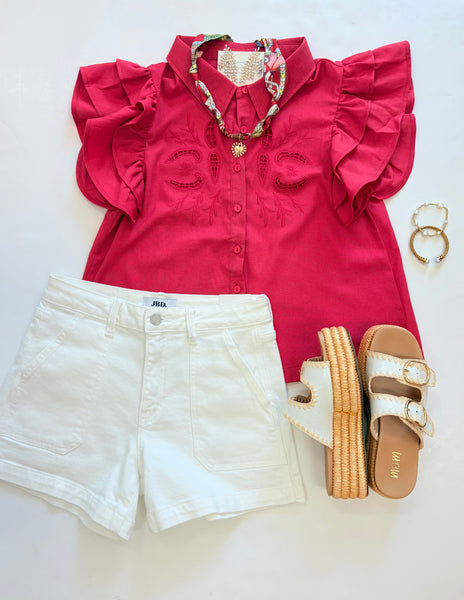 Eyelet Embroidered Detail Top Red