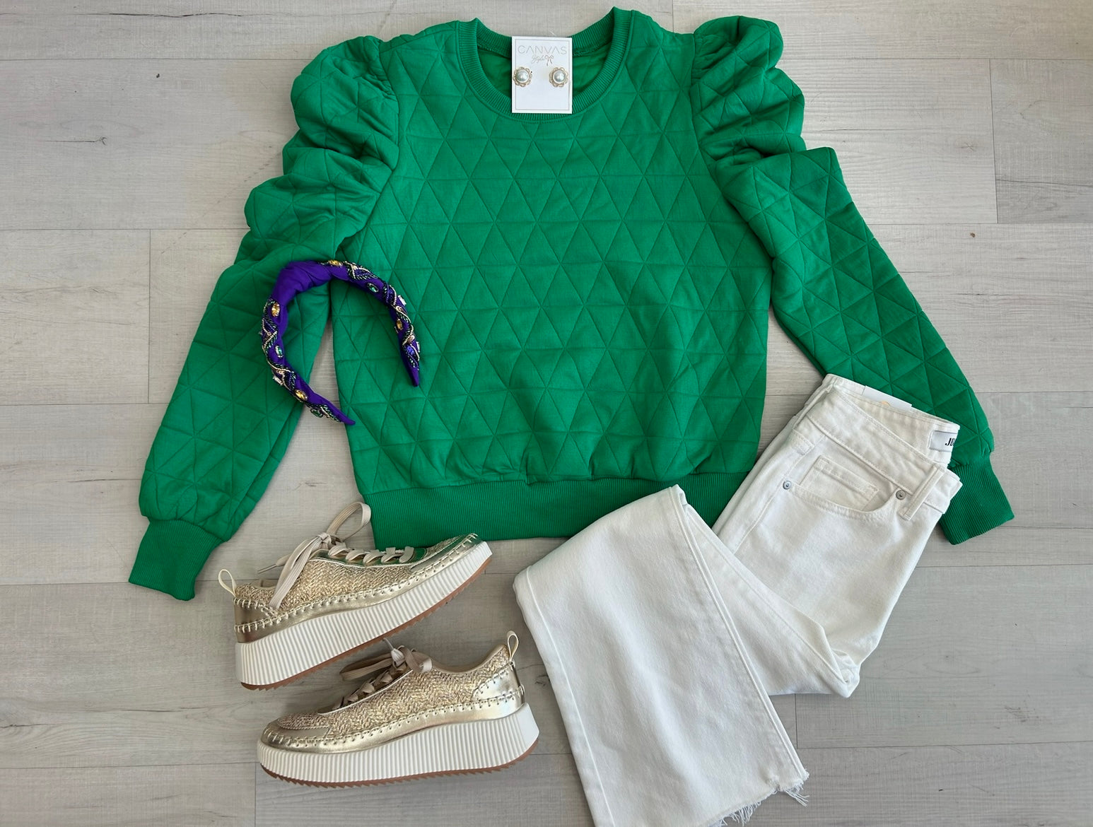 Green Quilted Puff Sleeve Top