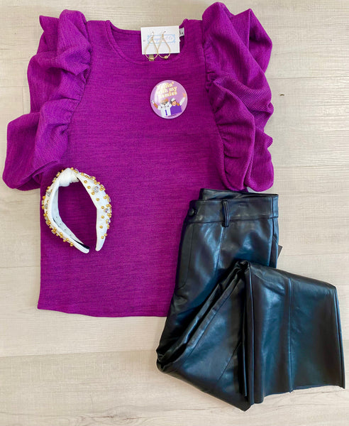 Purple Ruffle Sleeve Knit Top