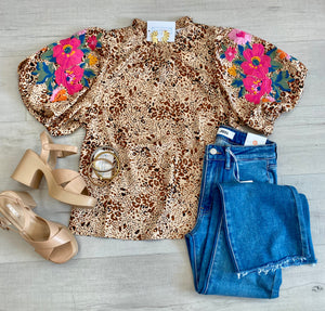 Leopard Embroidered Sleeve Top