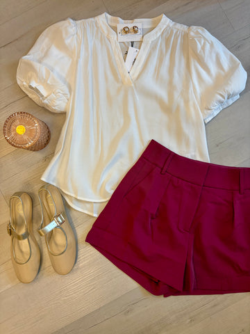 Avery Bubble Slv VNeck Top Wht