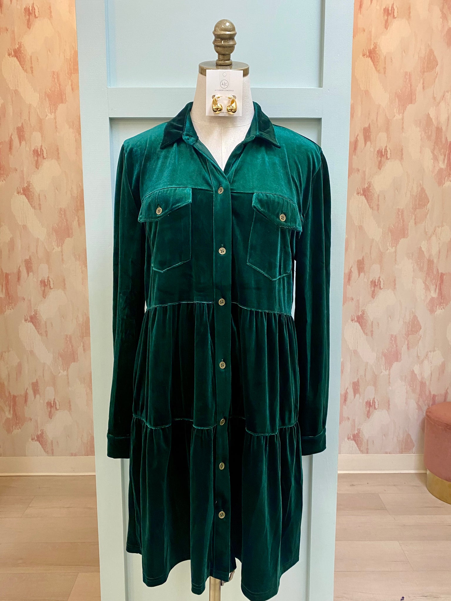 Velvet Tiered Dress -Emerald