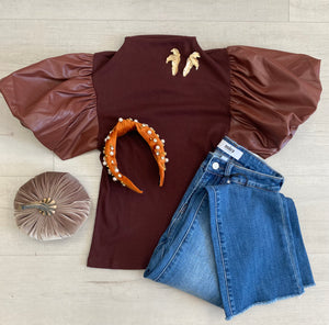 Brown Leather Puff Sleeve Top