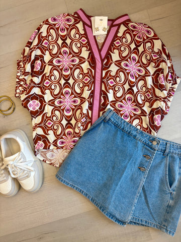 Lyla Absract Print Top Pink/Tan